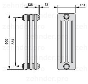 Схема (чертеж) Радиатор Zehnder Charleston 5090/3 №1270 Белый глянцевый RAL 9016